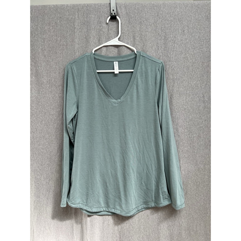 ATHLETA Essential V Neck Long Sleeve Shirt Green Size M Soft Jersey Athleisure